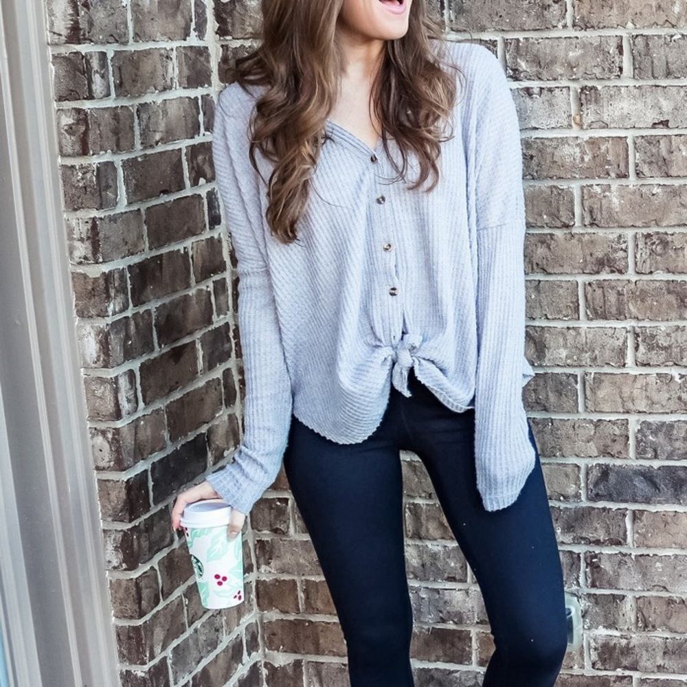 UO Out From Under Jojo Oversized Gray Thermal Button-Front Top Large Boho Comfy - Picture 16 of 16